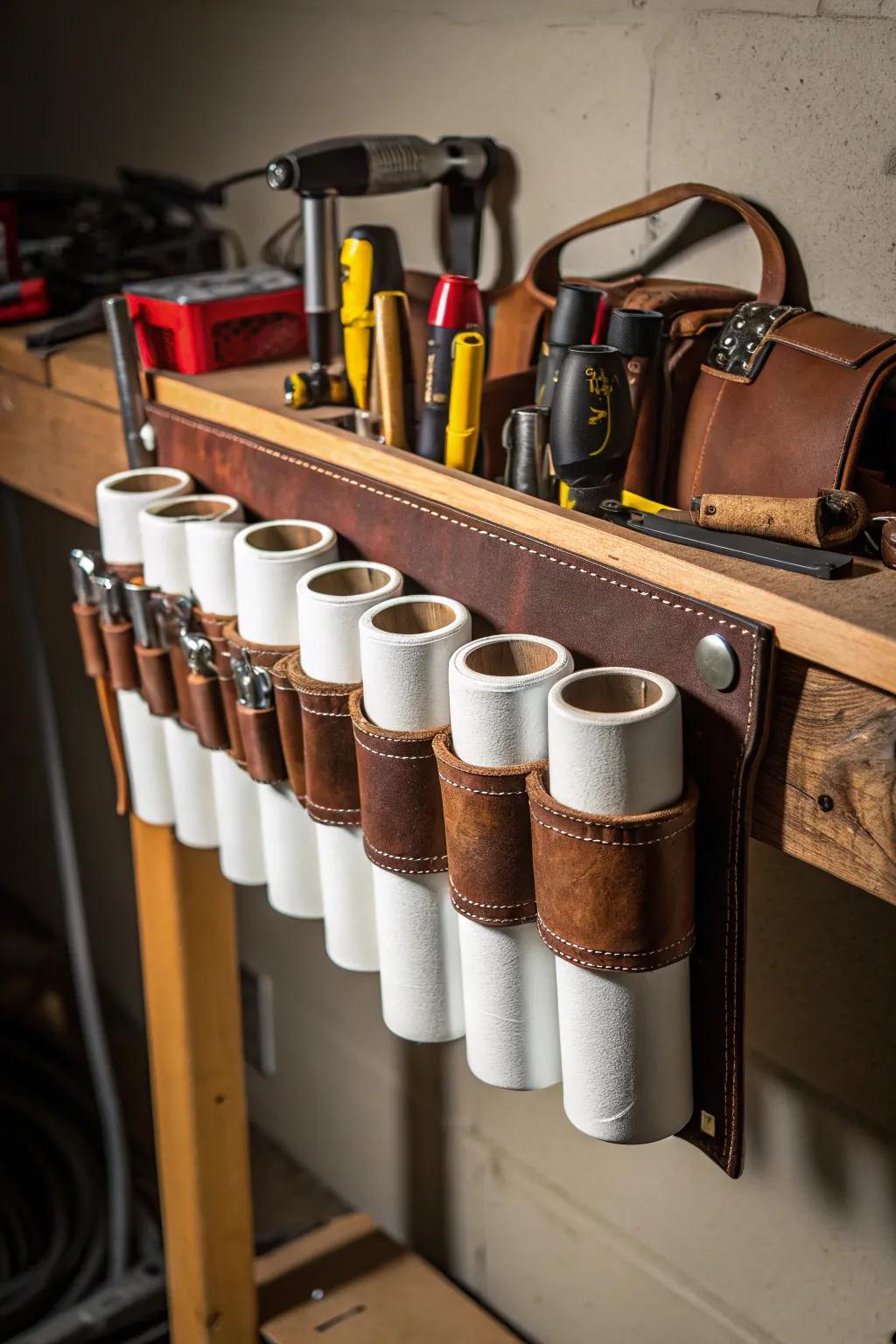 Upgrade your workspace with this skillfully made polyvinyl chloride tool belt station.