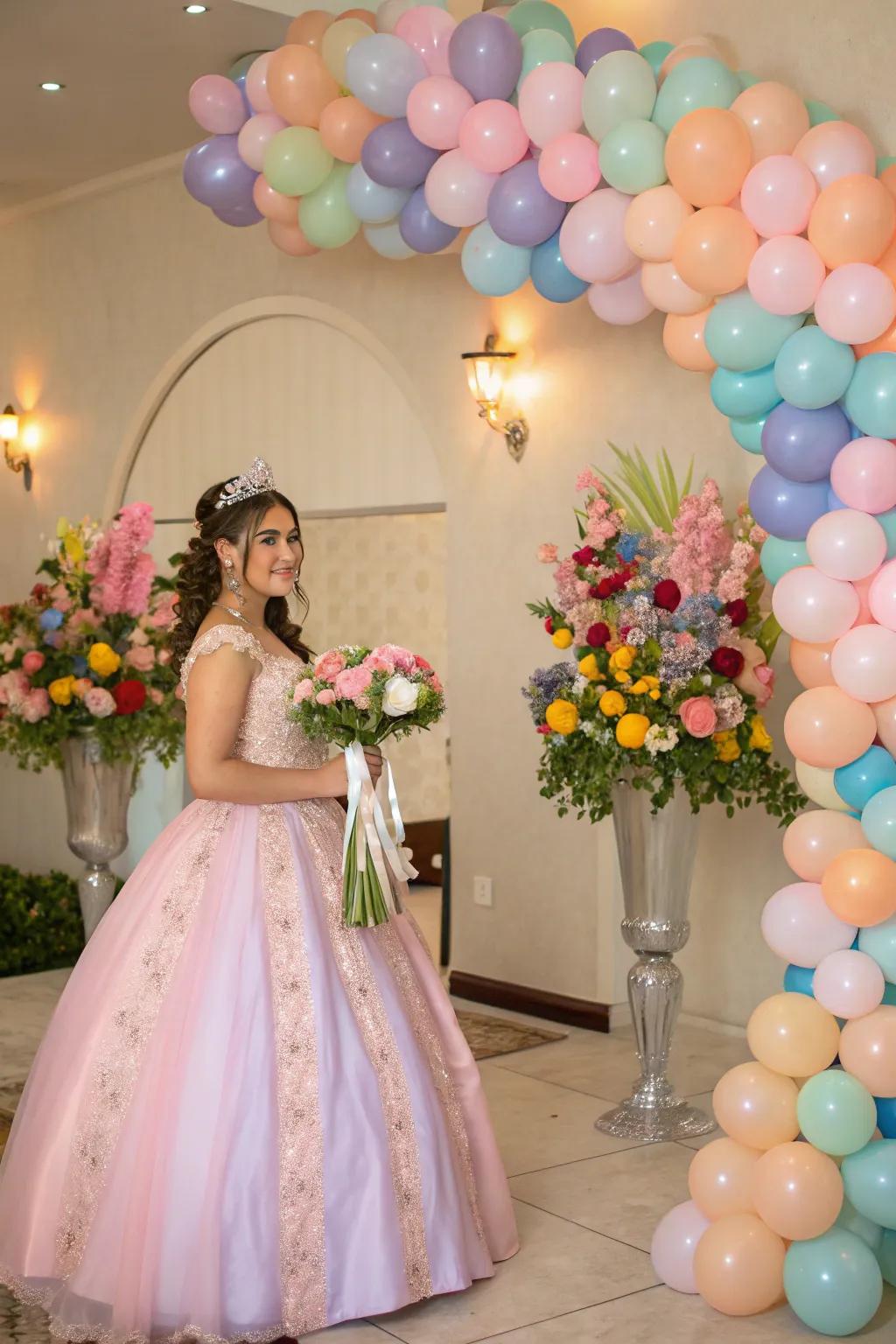 Balloons and flowers fashion a lush, romantic decor.