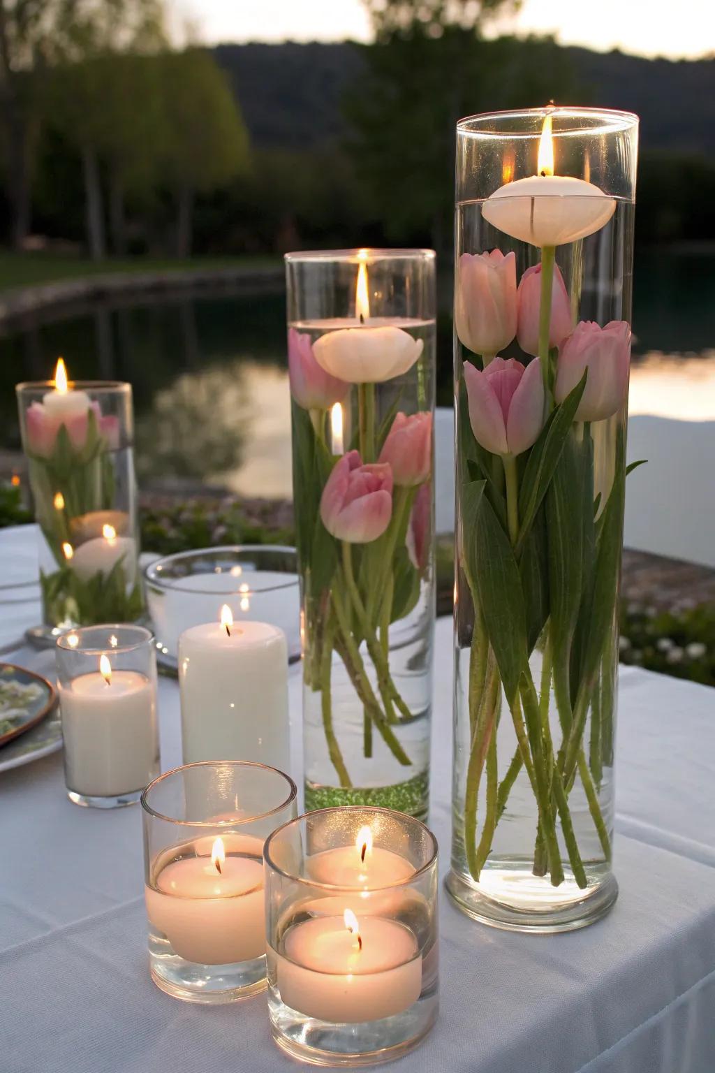Floating candles introduce a stylish and serene effect.