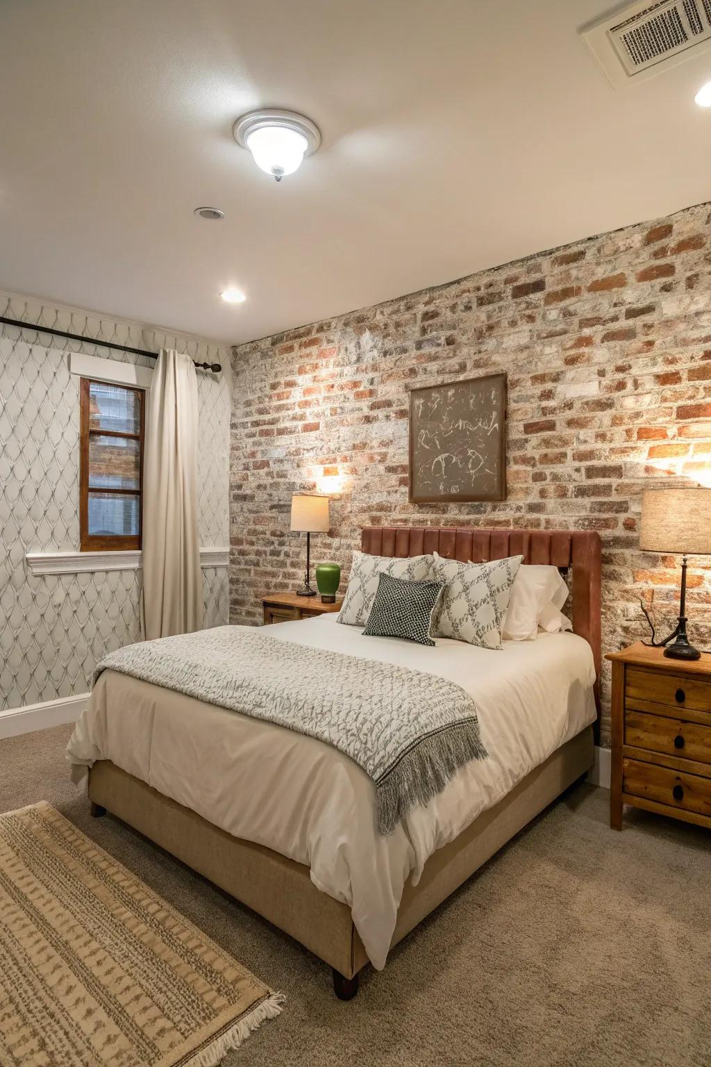 Uncovered brick appearance appending urban chic to the boudoir.
