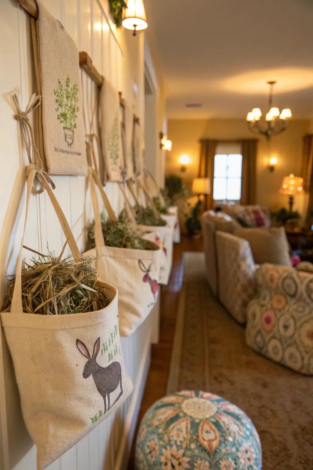 Decorative bags offer a charming hay storage solution.