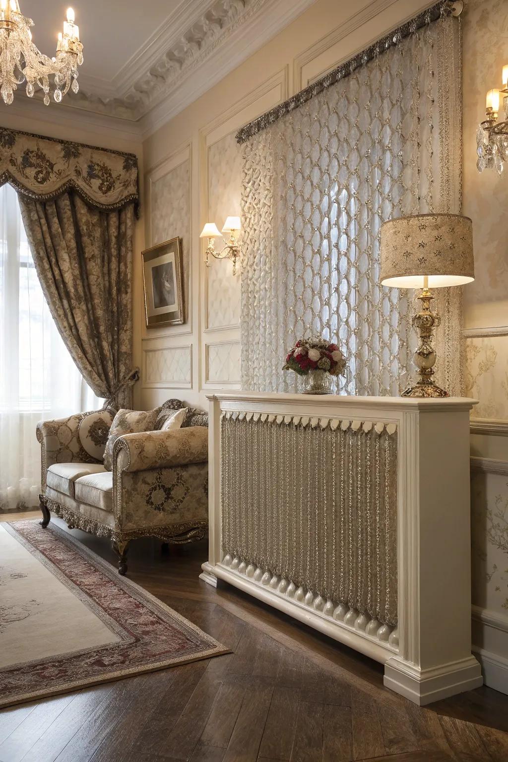 Beaded curtains add a glamorous sparkle to a radiator face.