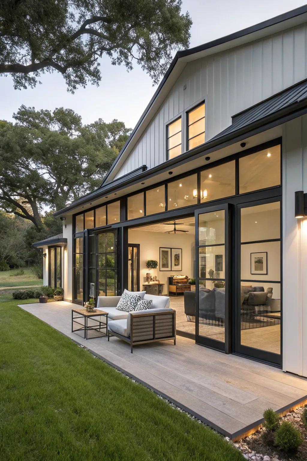 Dark glass opening frames lend a modern accent to this stylish ranch house.