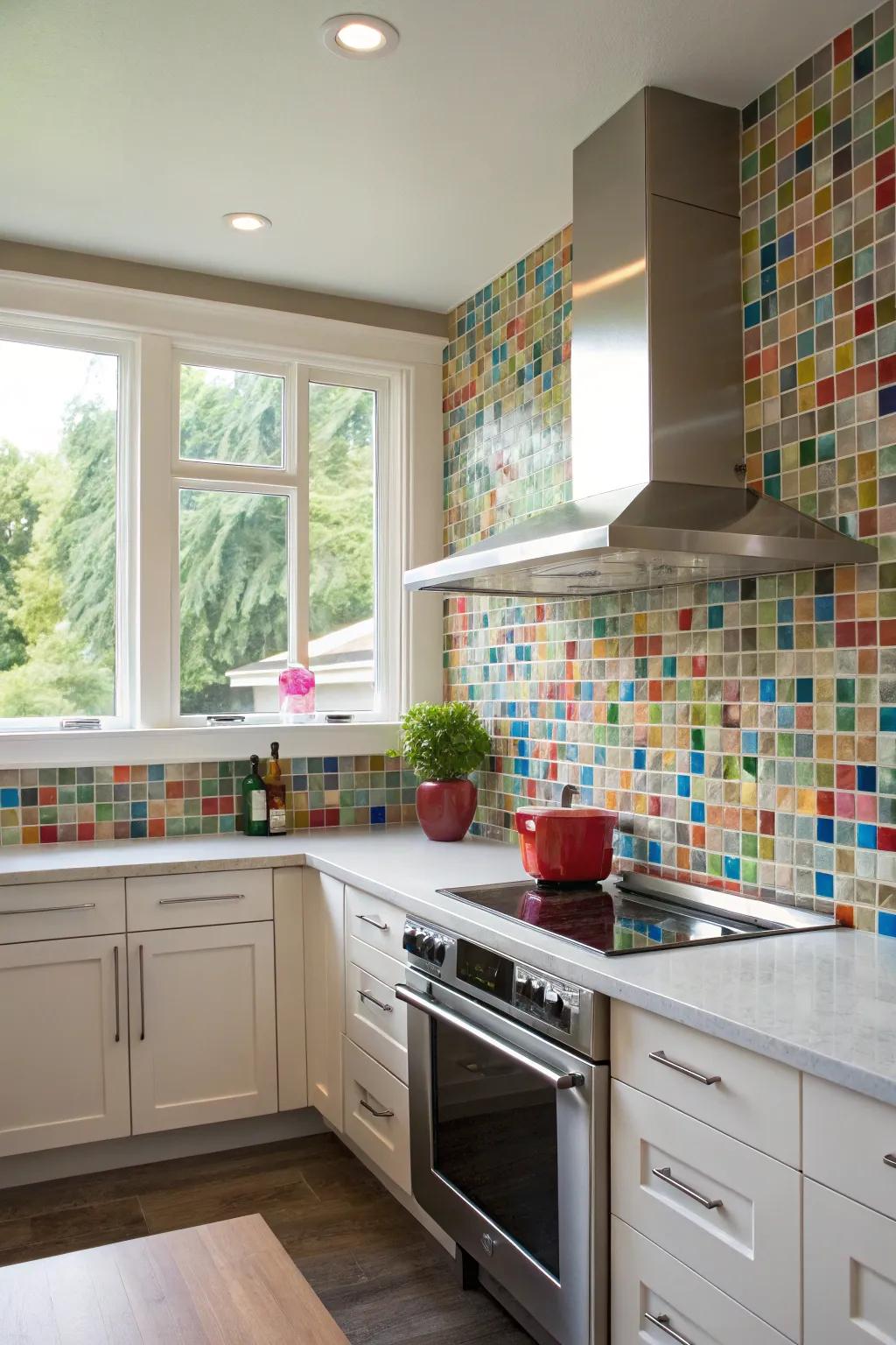 Kitchen featuring a glass mosaic backsplash adding sparkle to a simple vent hood.