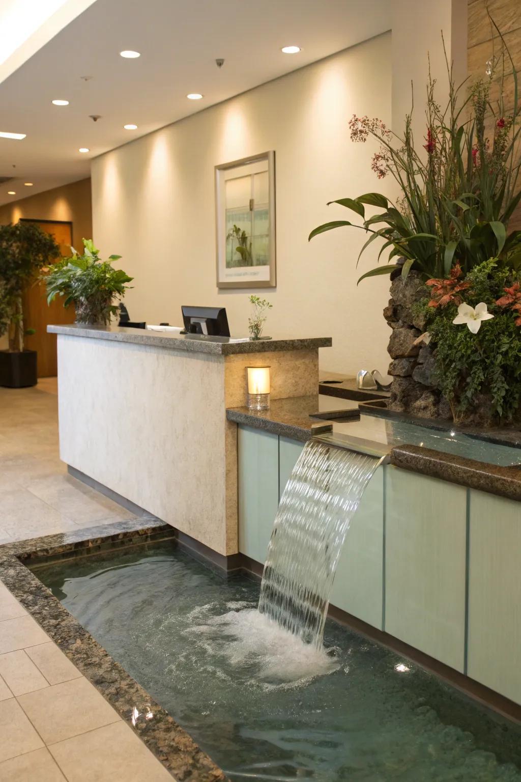 A peaceful reception area with a water feature.