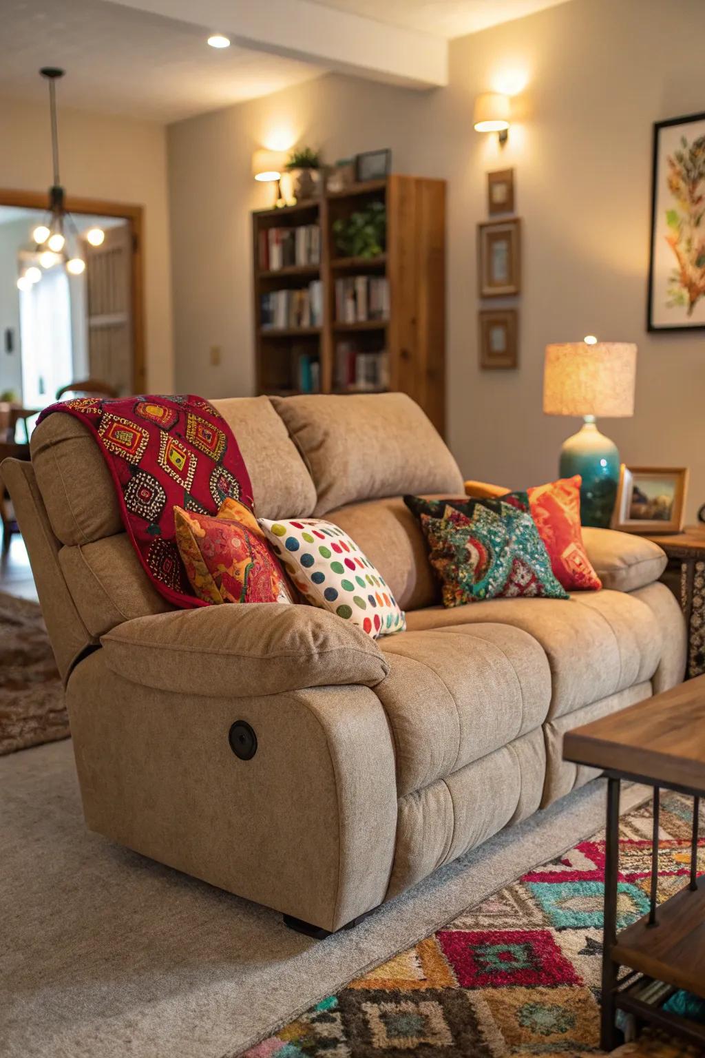A recliner sofa brought to life with a curated mix of cushions and pillows.