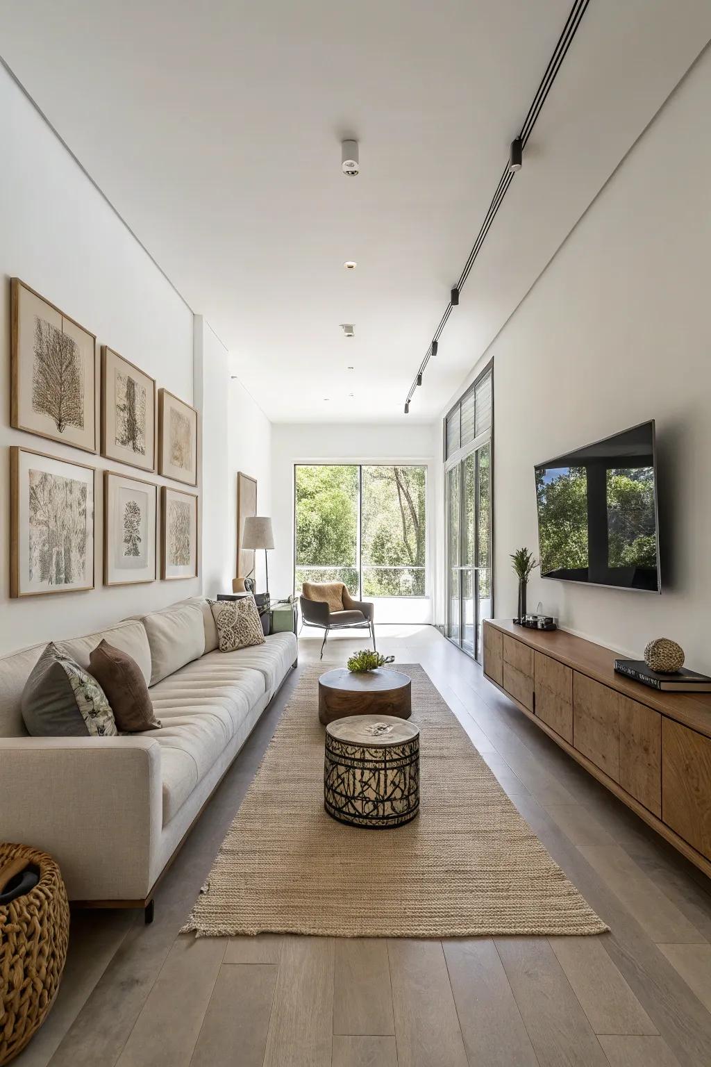 Minimalist décor keeps the slender space feeling airy and uncluttered.