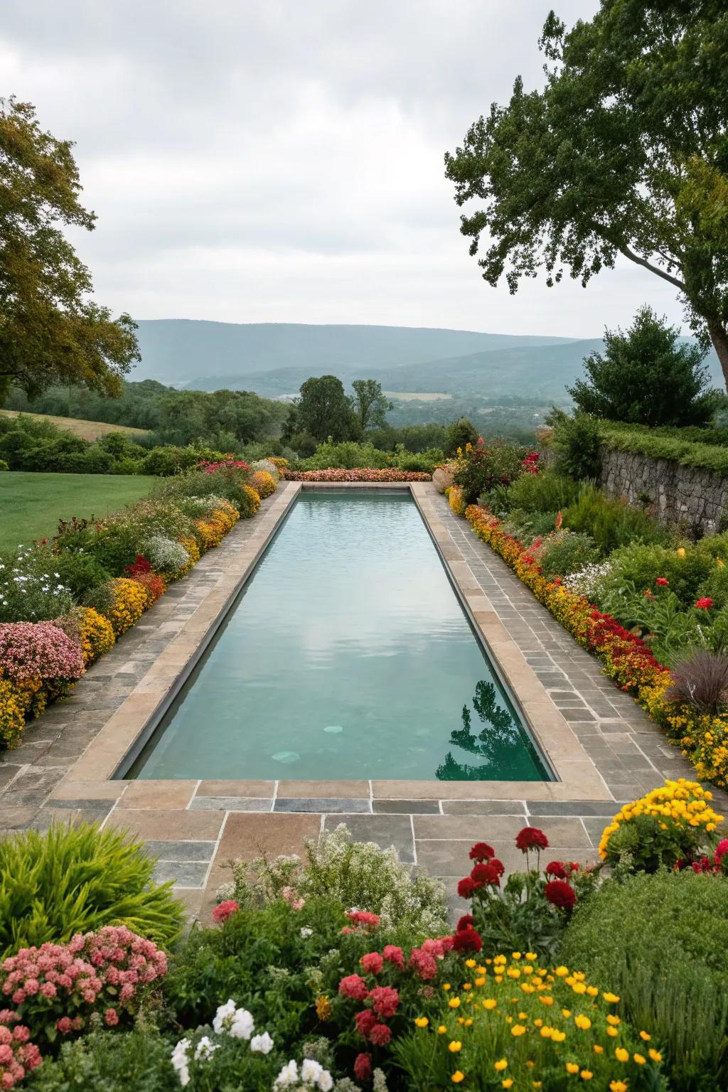 Flowerbeds provide a burst of color and life to the poolside.