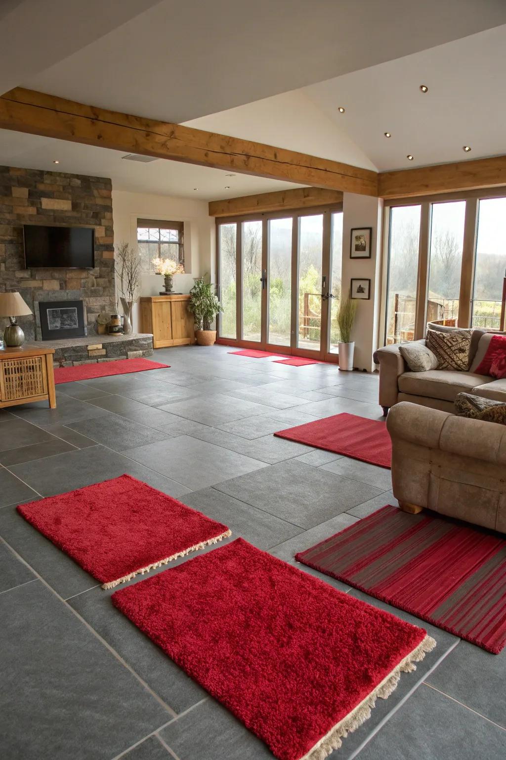 Flooring selections aid in delineating spaces within a room.