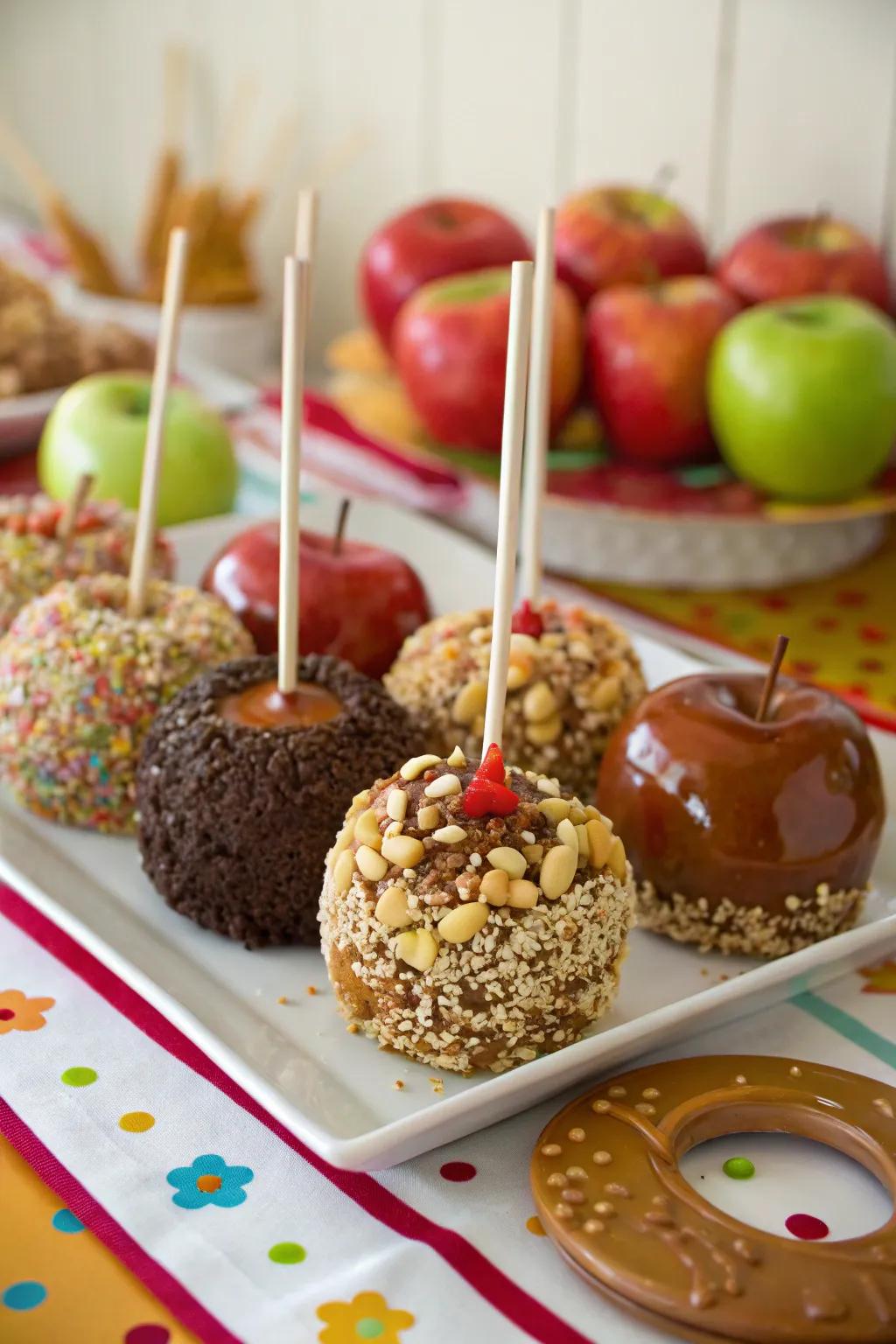 Candy apples with special toppings offer a fun and nostalgic treat.