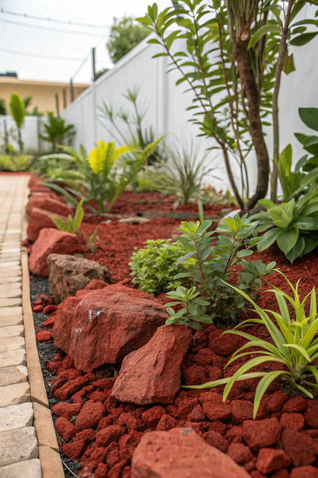 Crimson volcanic stones deliver a sustainable mulching surrogate in this garden.
