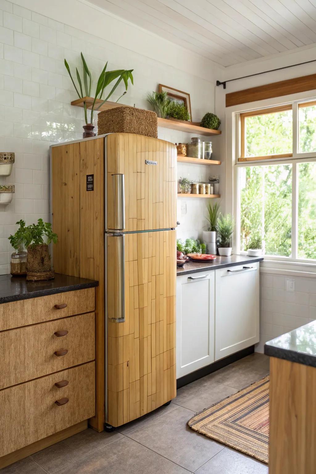 Eco-conscious materials surrounding the refrigerator provide a stylish and responsible option.