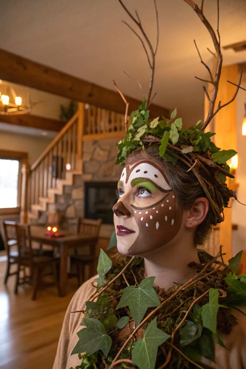 Nature-inspired components bring a cozy, seasonal touch to reindeer face paint.