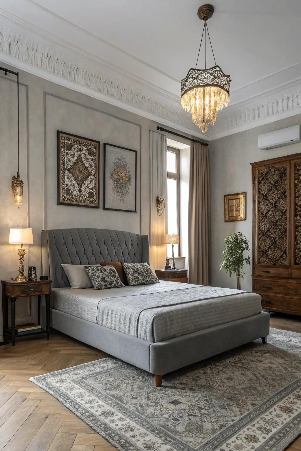 Mixing styles creates a balanced and timeless repose gray bedroom.