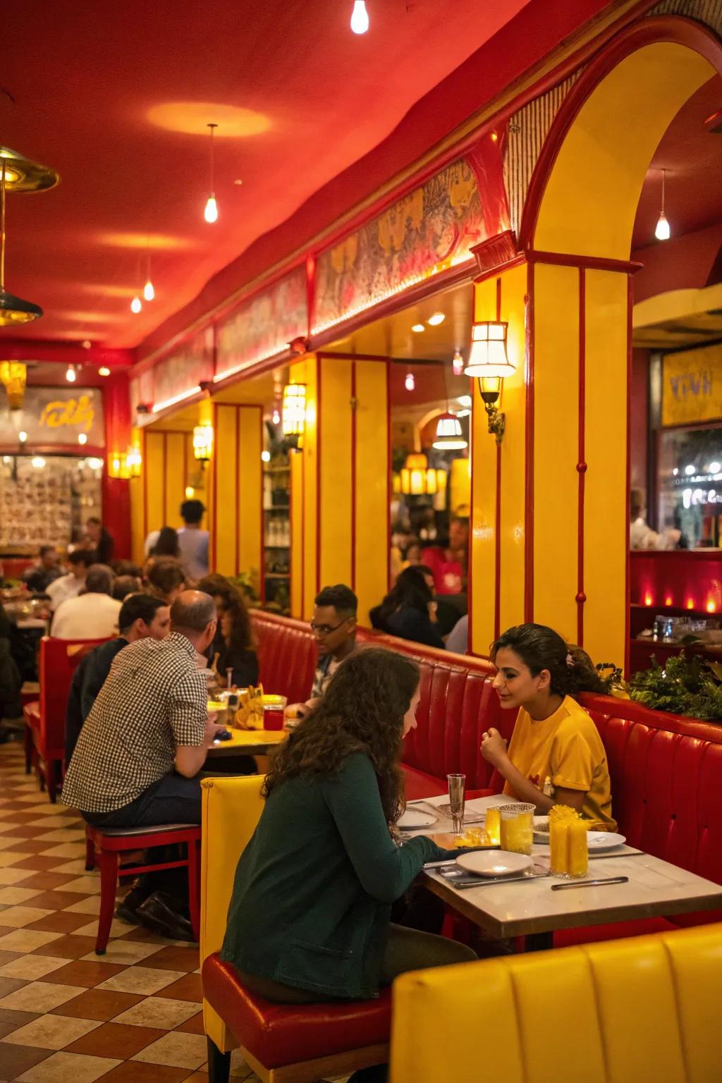 A high-energy restaurant featuring vibrant reds and yellows.