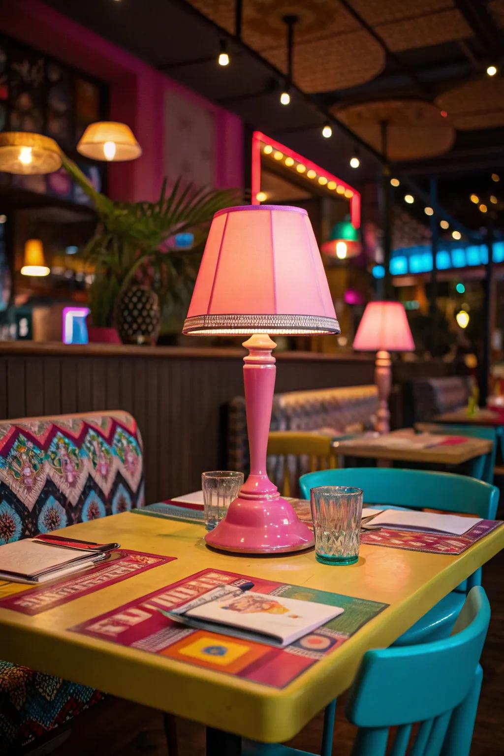 Neon table lamp situated on a vibrant restaurant table with colorful decor.