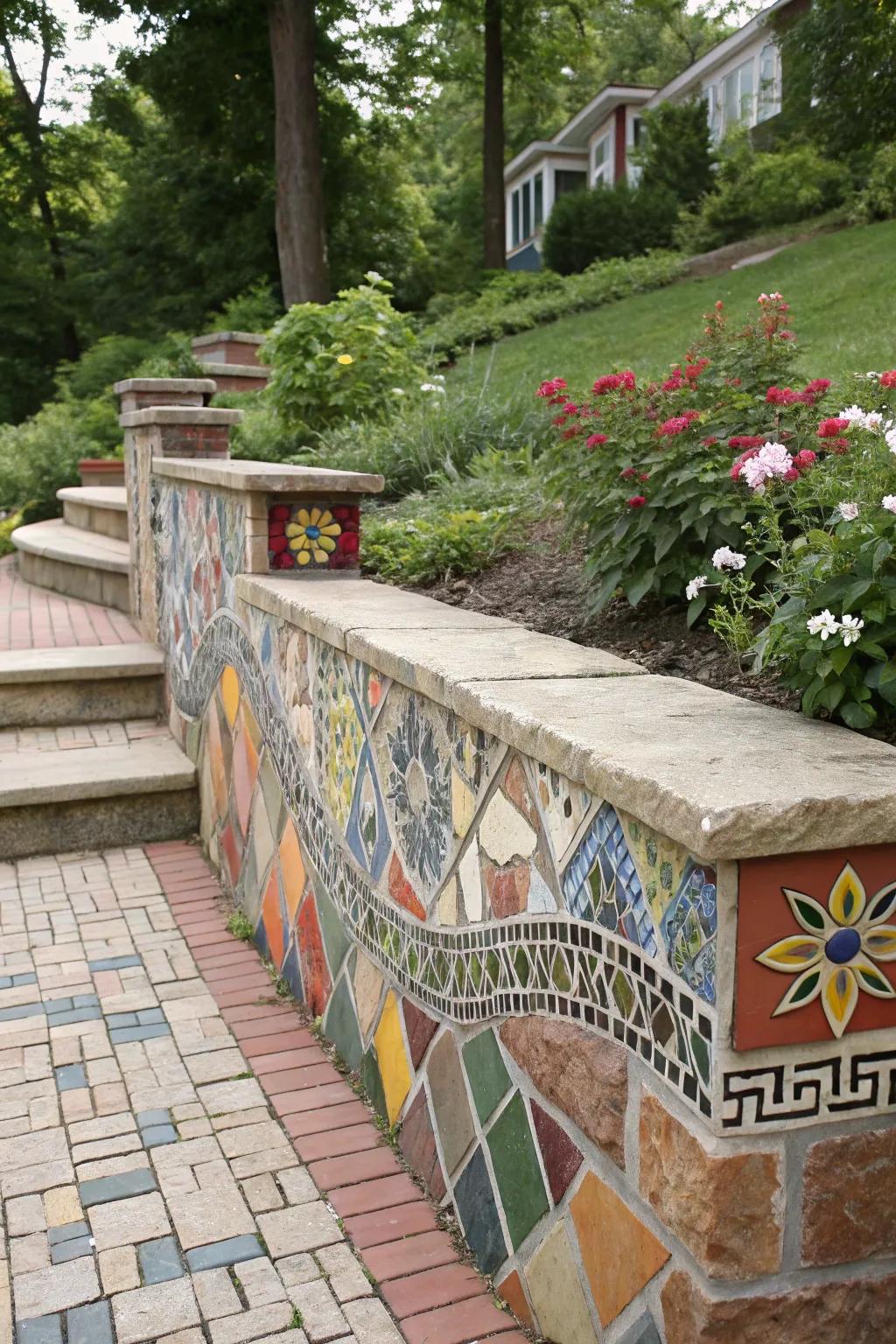 Mosaic caps infuse vibrant hue and artistic flair.
