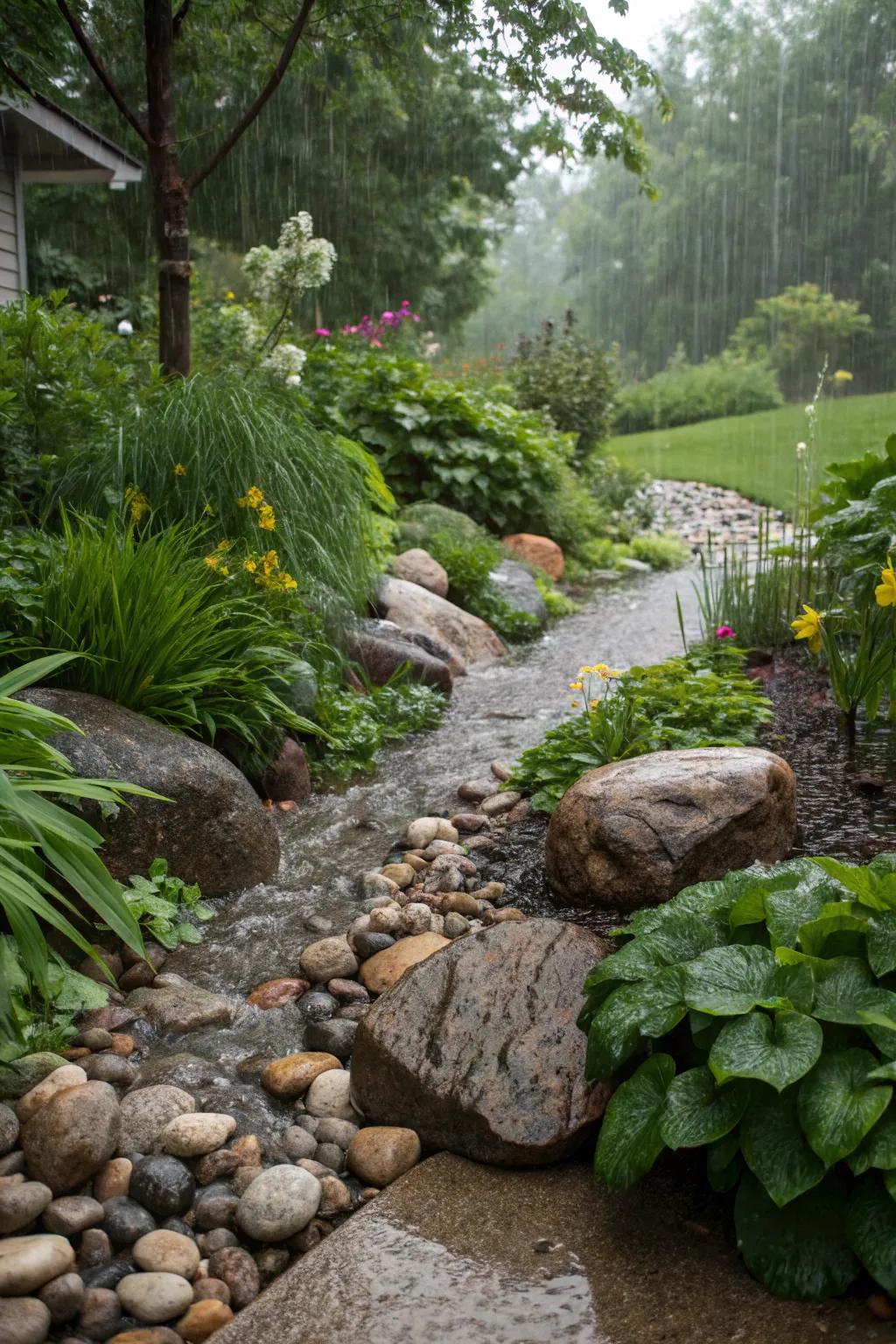 Unite sustainability and style through a pebble stormwater garden.