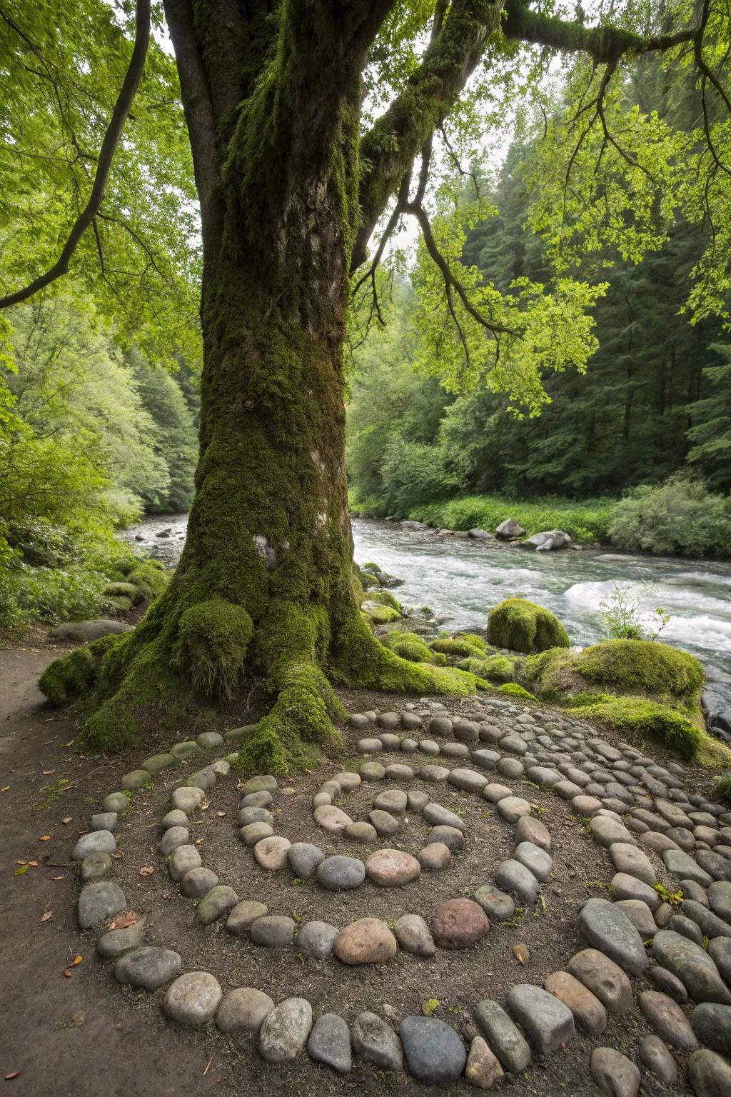 River stones accentuate and safeguard the base of this tree, infusing refinement into the landscape.