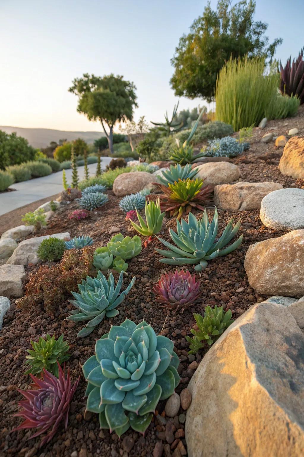Succulents merged with rocks and mulch fashion a modern garden.