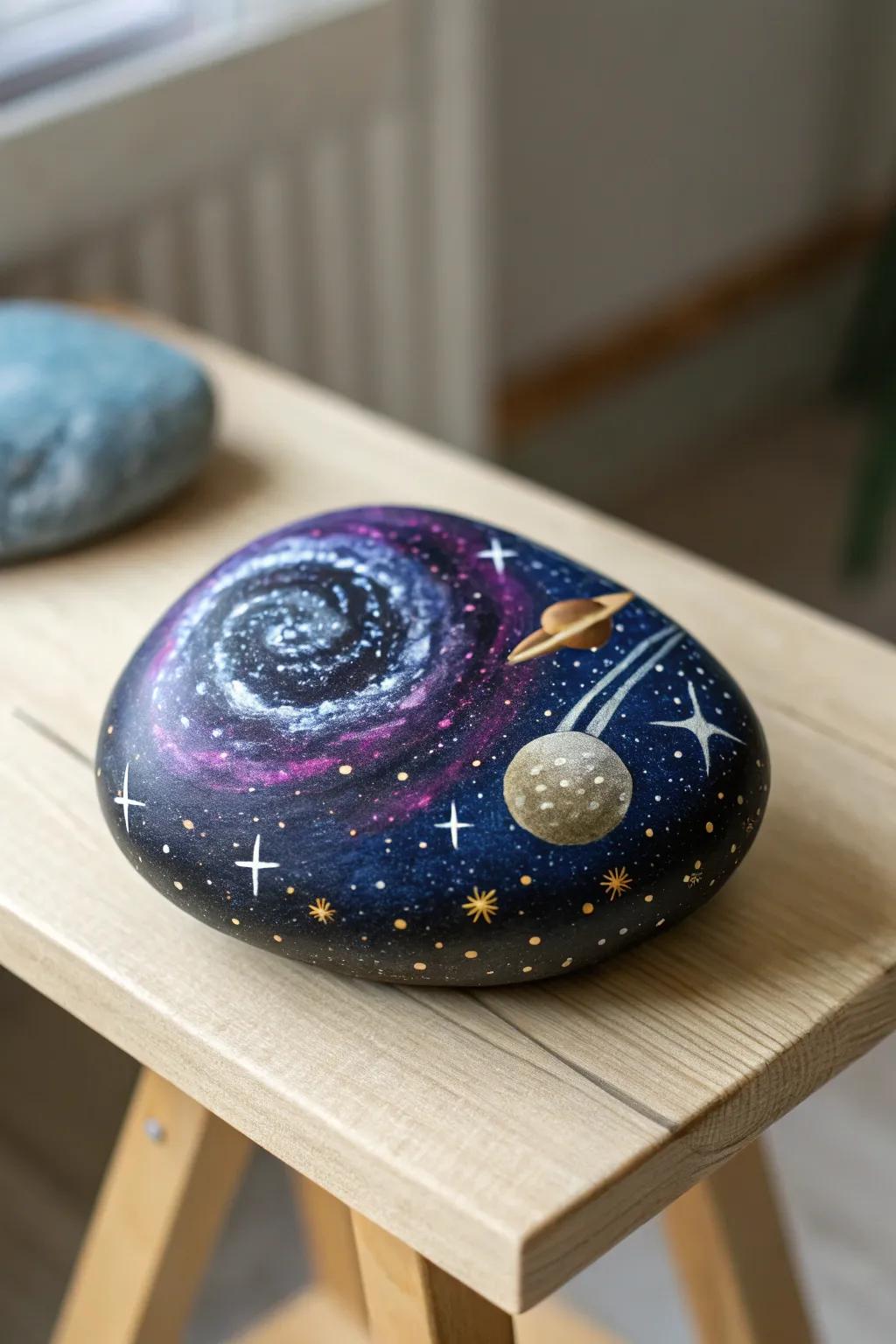 Embark on a cosmic journey with space-themed rock art&mdash;where simplicity meets the stars.