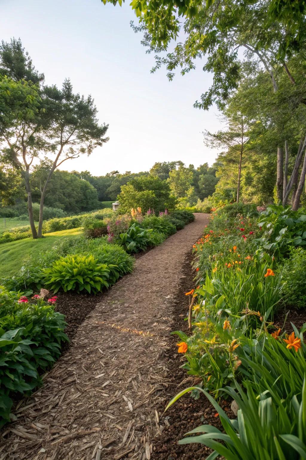 Mulch routes furnish a natural and eco-conscious walkway solution.