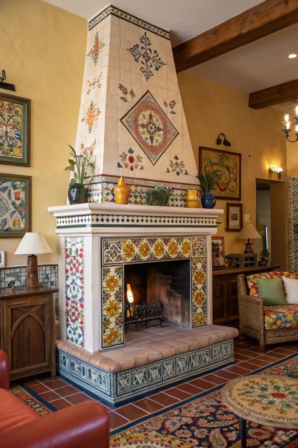 Artistic tiles turn fireplaces into eye-catching features.