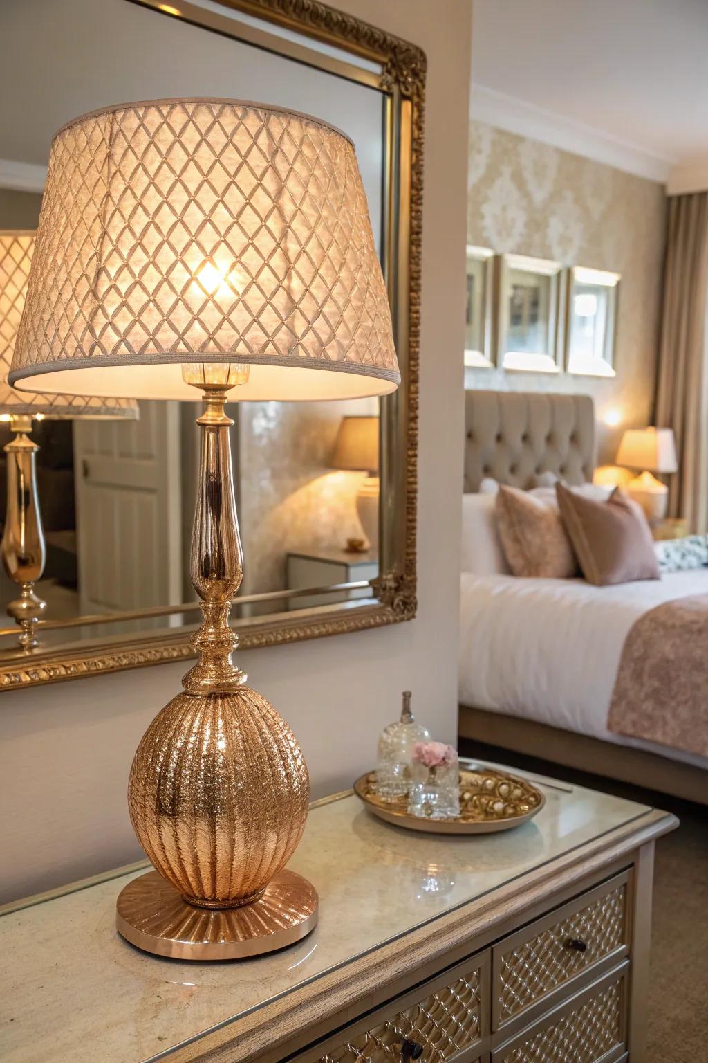 You can easily add style by using a lamp and mirror with rose gold accents.