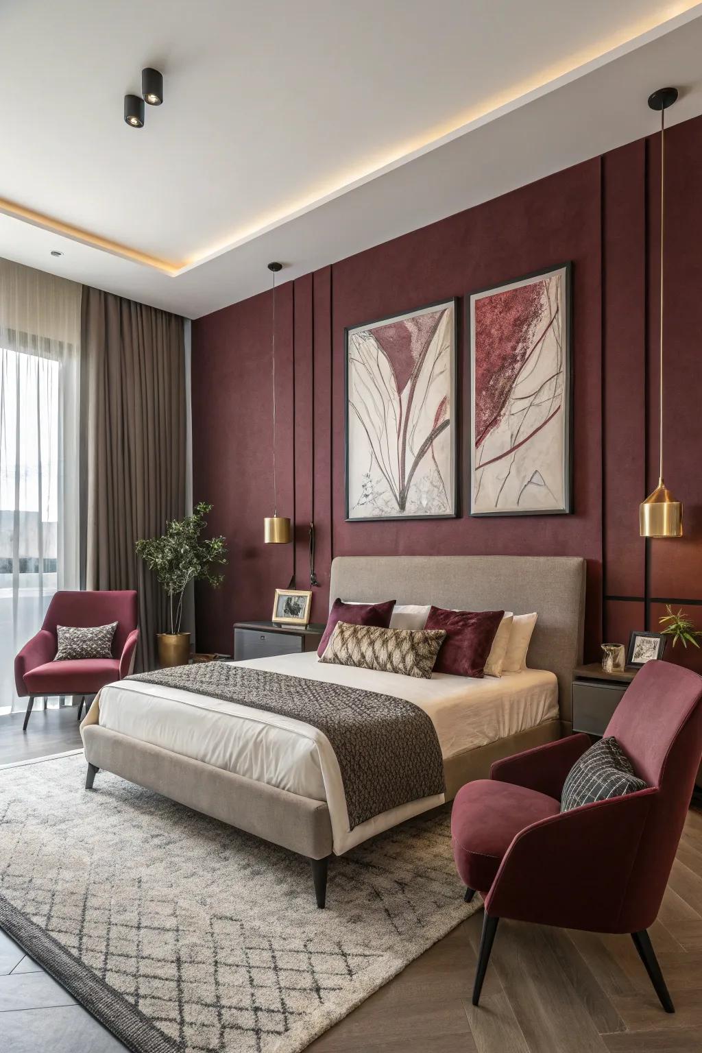 Abstract art with burgundy shades injects a contemporary edge into the space.