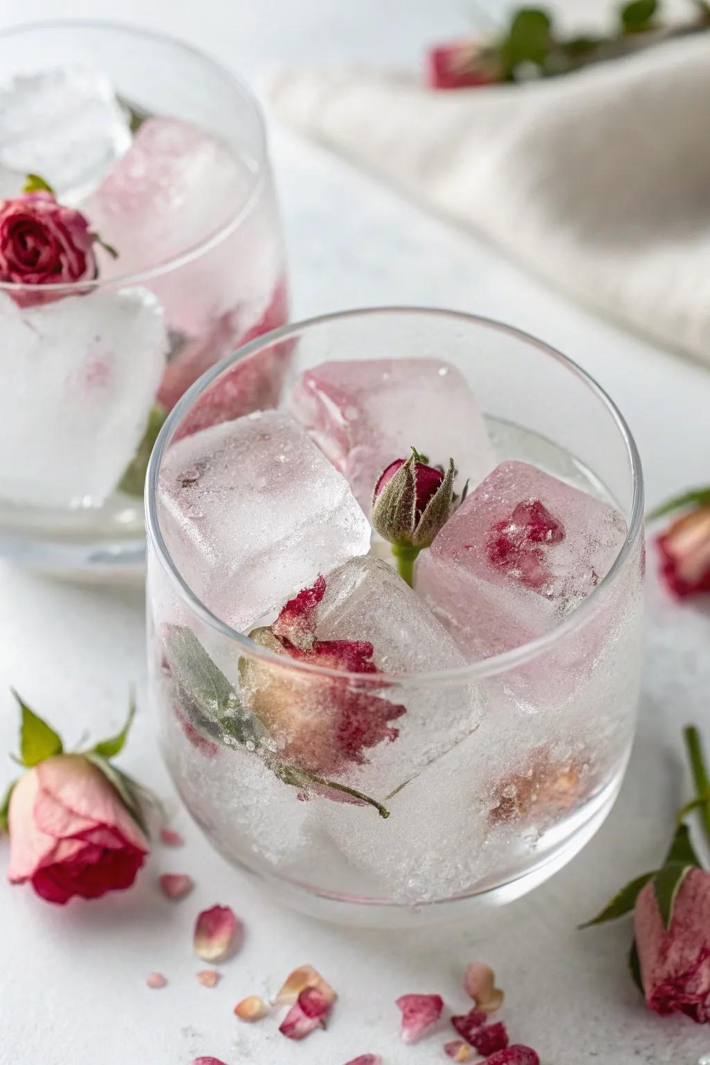 Ice gems filled with rose petals, adding style to any drink