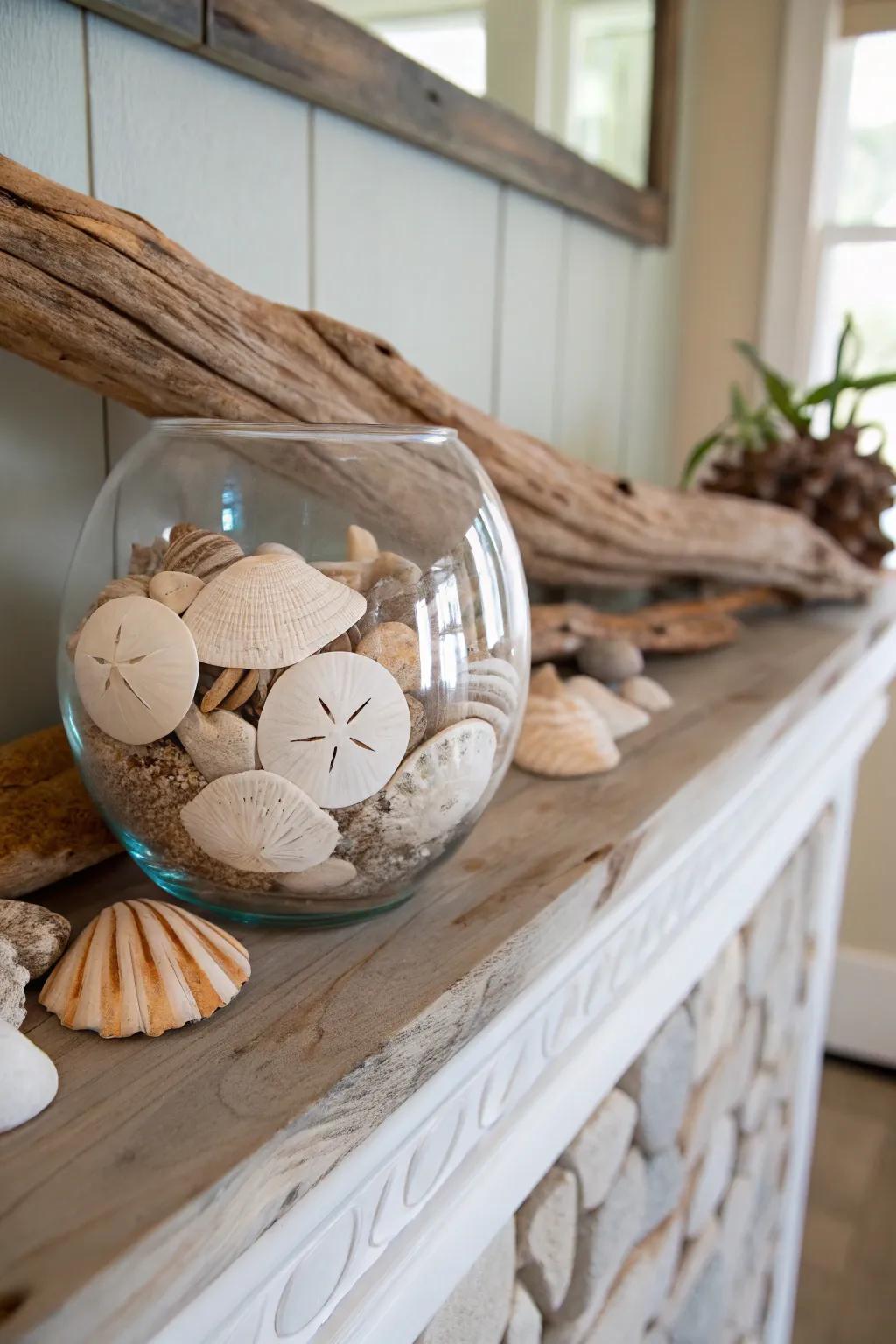 Shells and sand coins in a glass bowl stir seaside memories.
