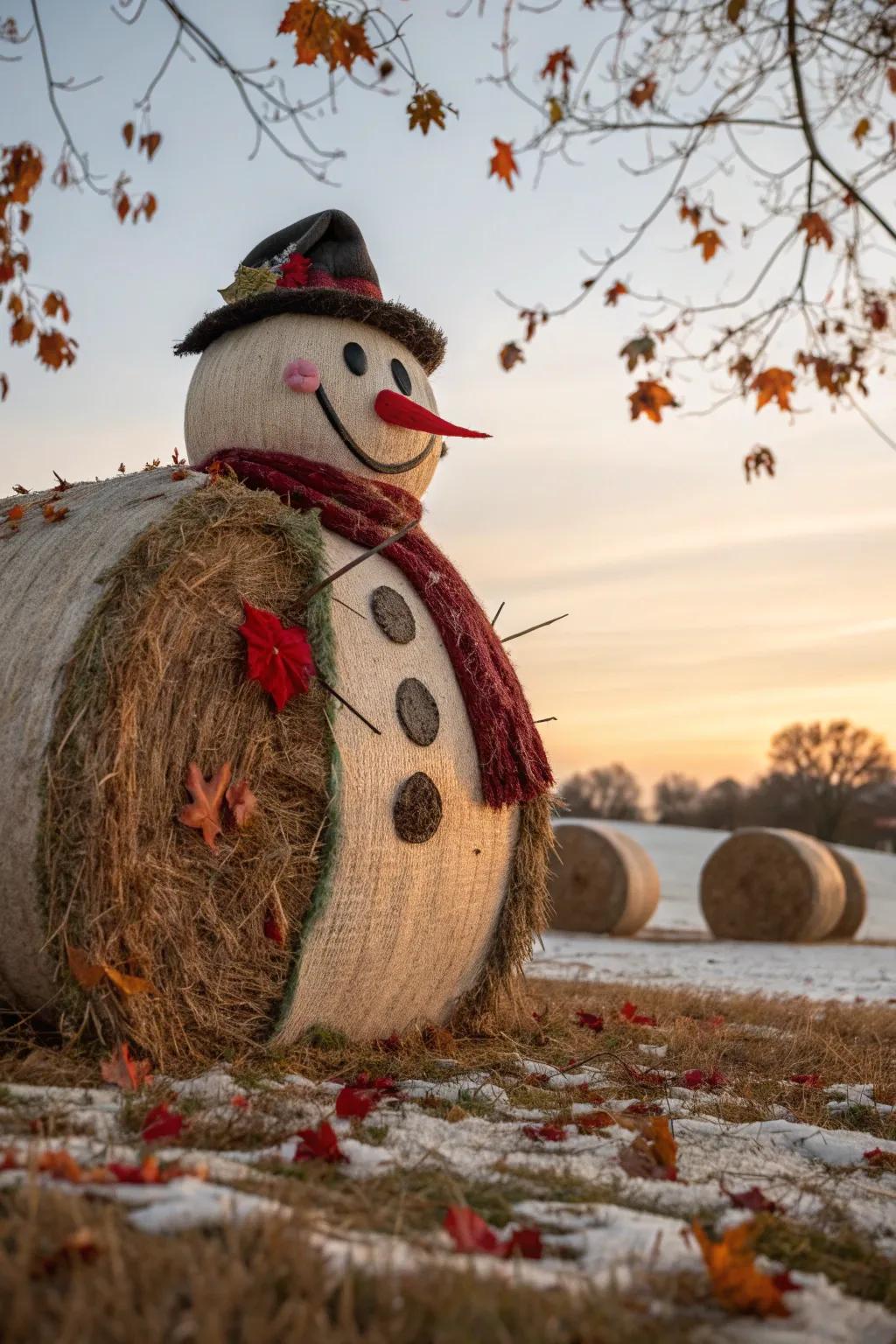 Anticipate the arrival of winter through fashioning an ebullient snow depiction utilizing hay bales.