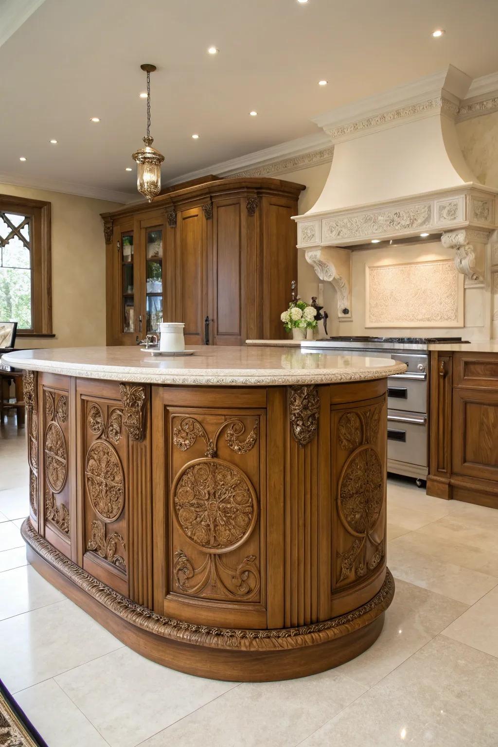 A blend of heritage and modernity in a round kitchen island design.