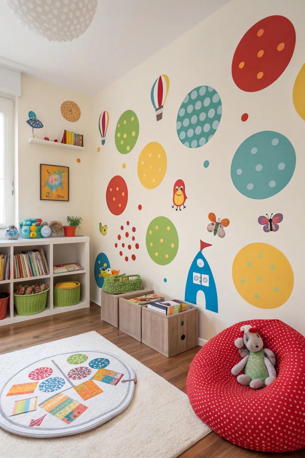 Children's room featuring playful circular wall decals for a fun look.