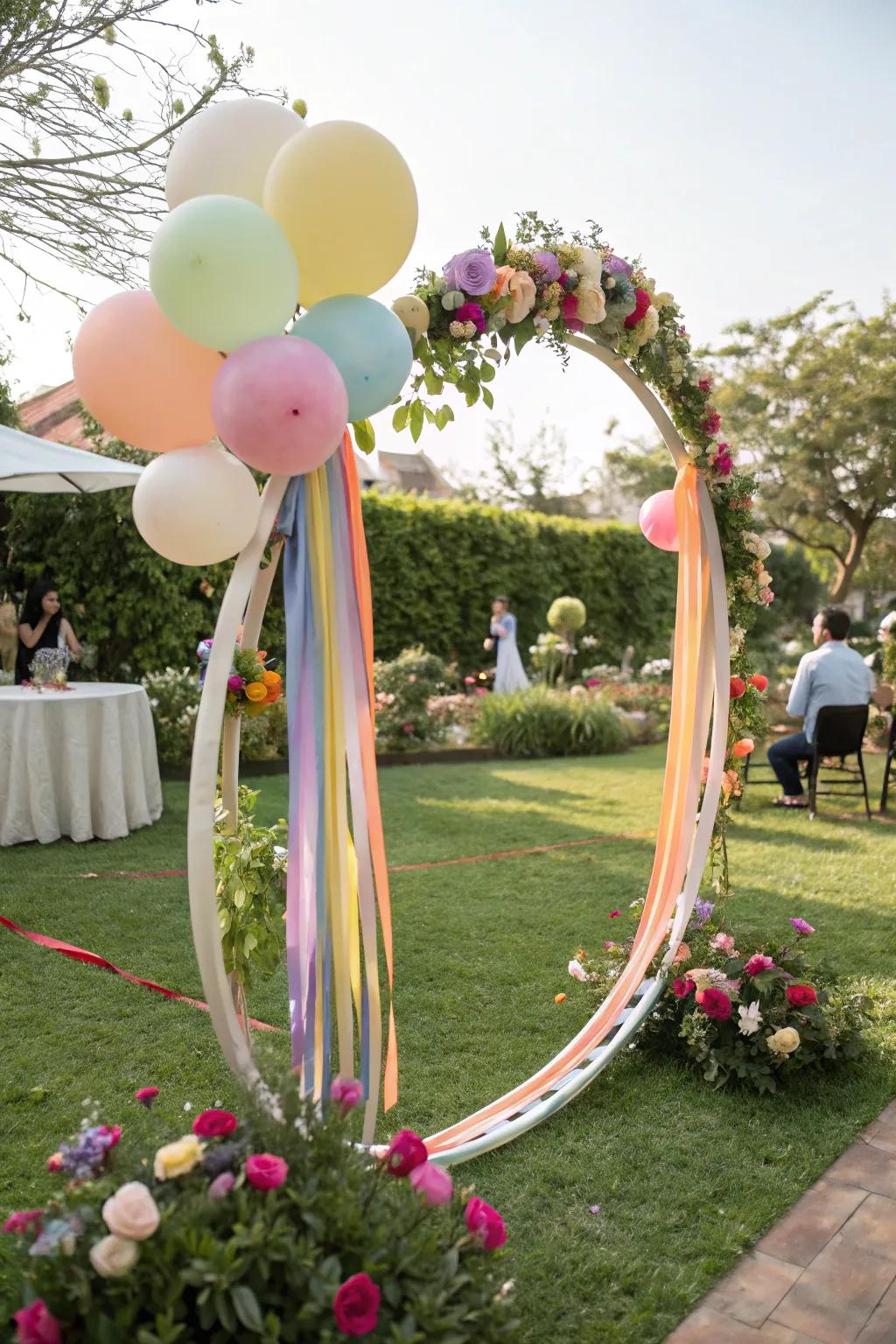 A whimsical circular wedding arch adorned with playful decorations.