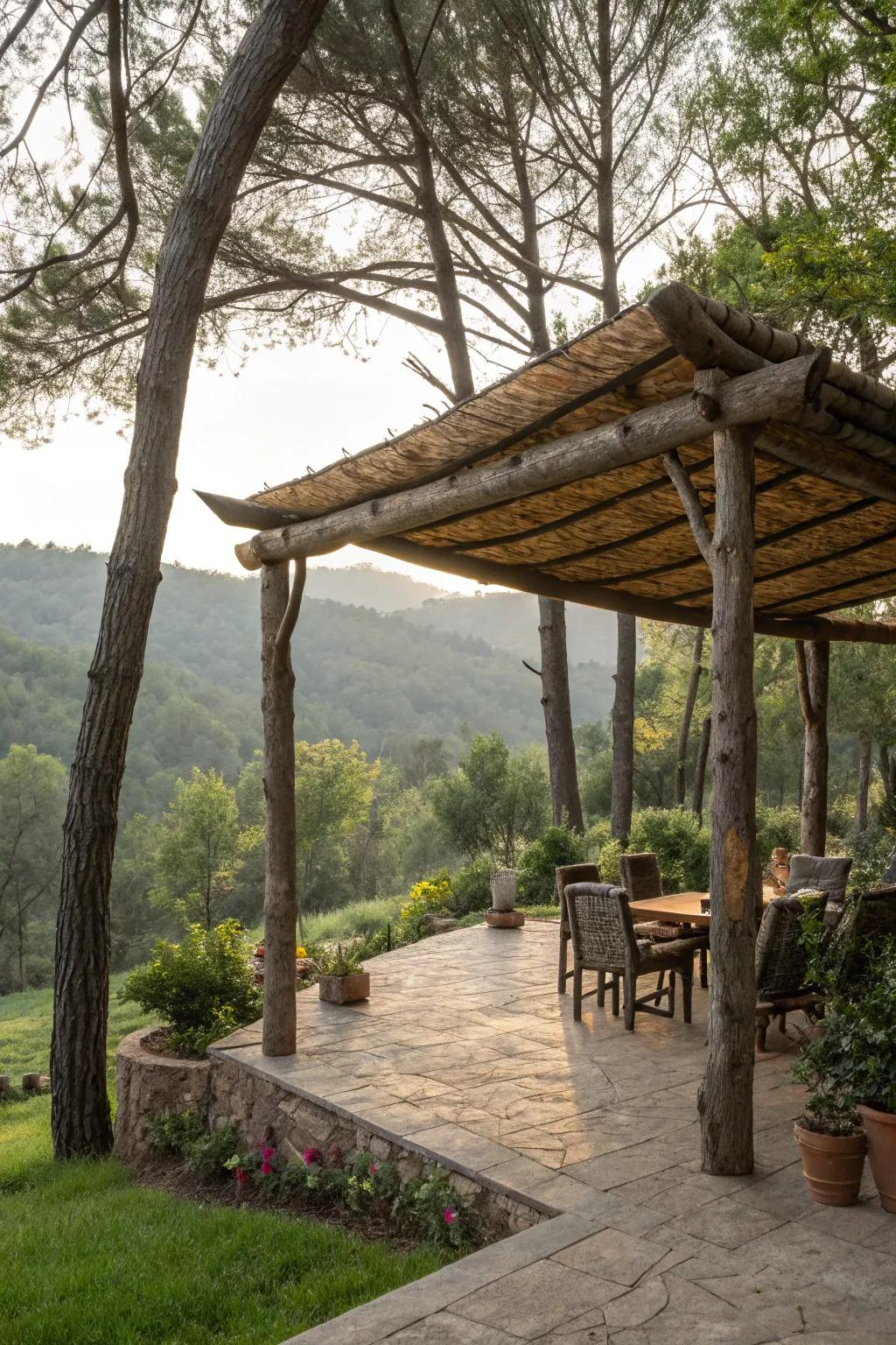 Log awnings create a woodland retreat vibe.