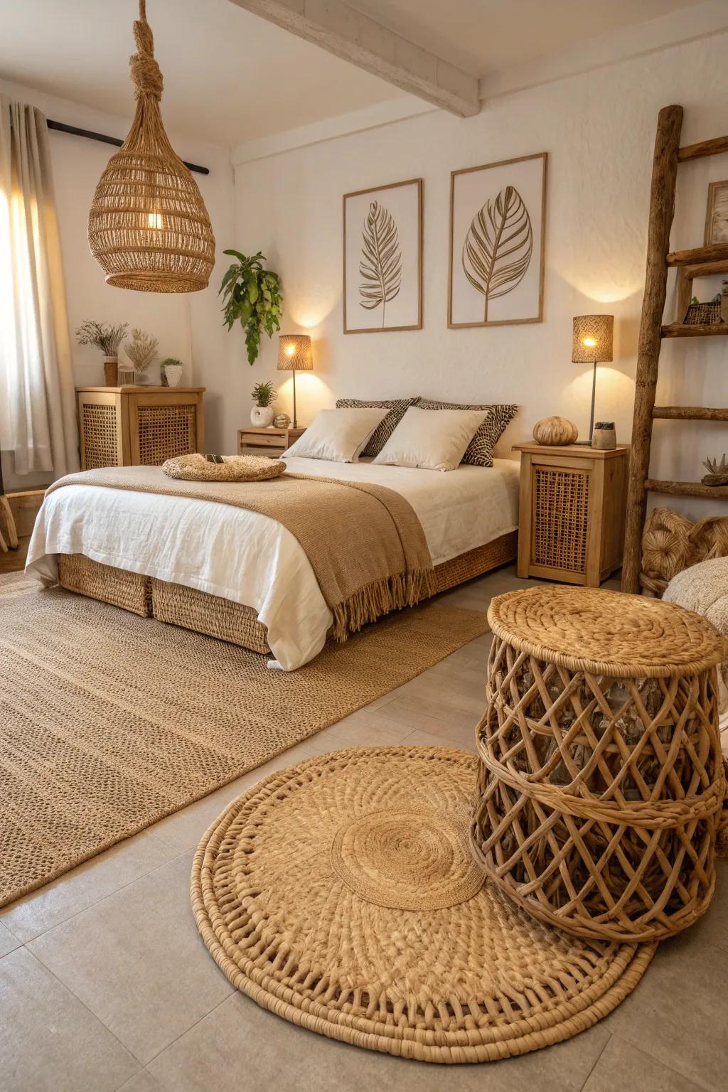 Natural textures provide dimension to this countryside bedroom.