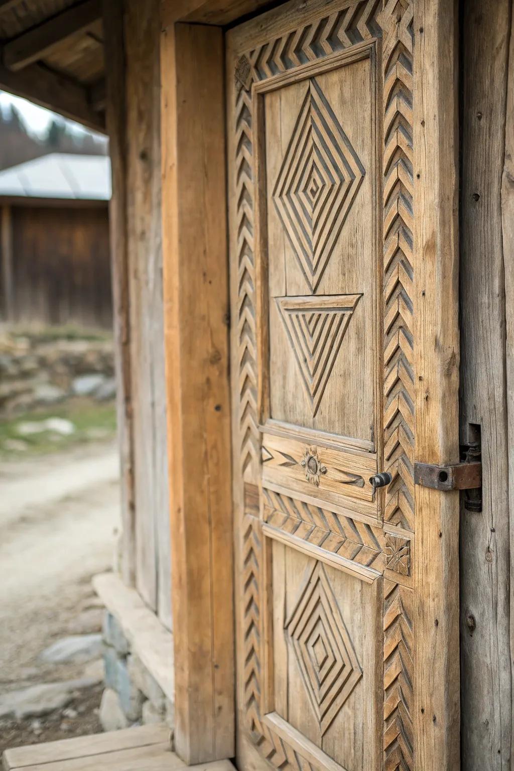 Geometric patterns add a modern twist to traditional rustic doors.