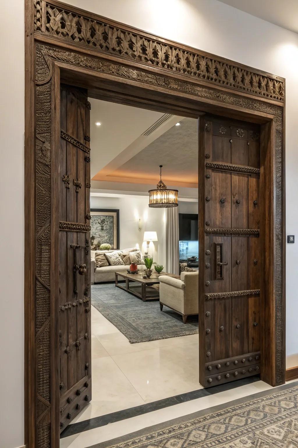 A bold country doorway serving as the centerpiece of a stylish space.