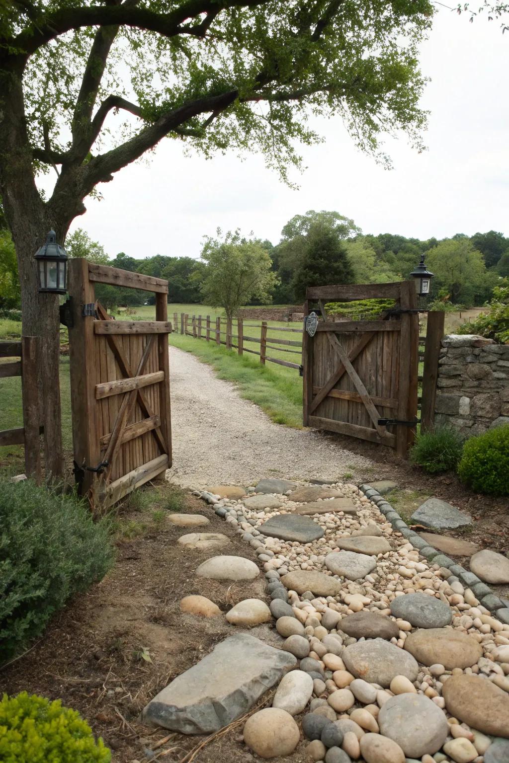A country portal complemented by a natural stone walkway.