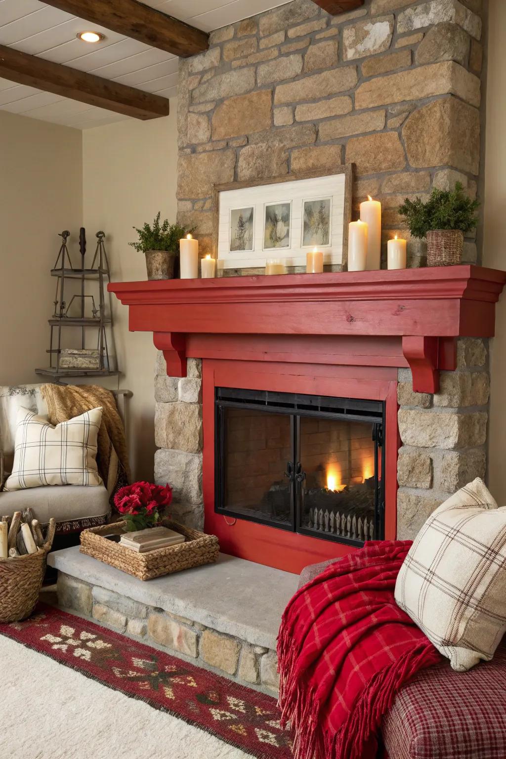 A striking-hued mantel makes a declaration in this country-style arrangement.