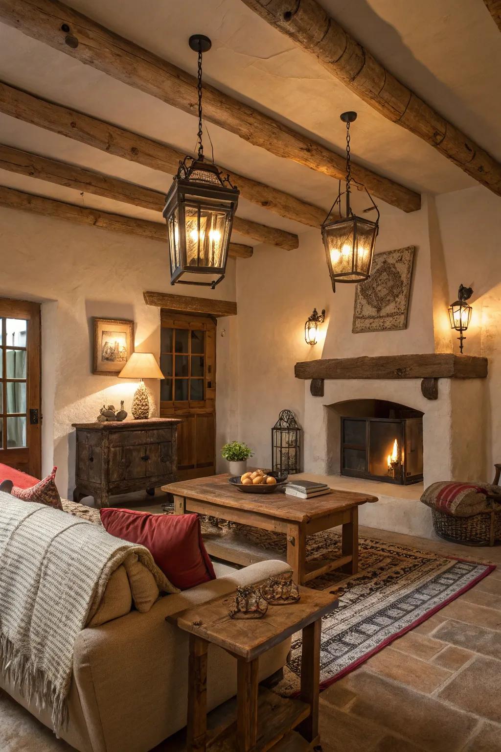 Lantern lighting solutions bring a quaint, warm radiance to rustic interiors.