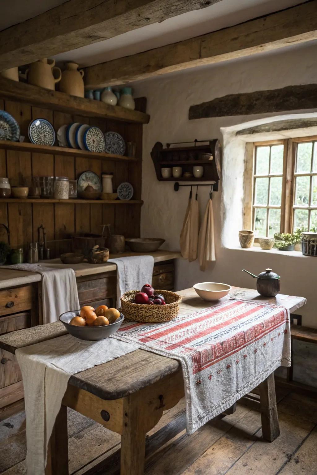 Aged linens add softness and charm to the dining area.
