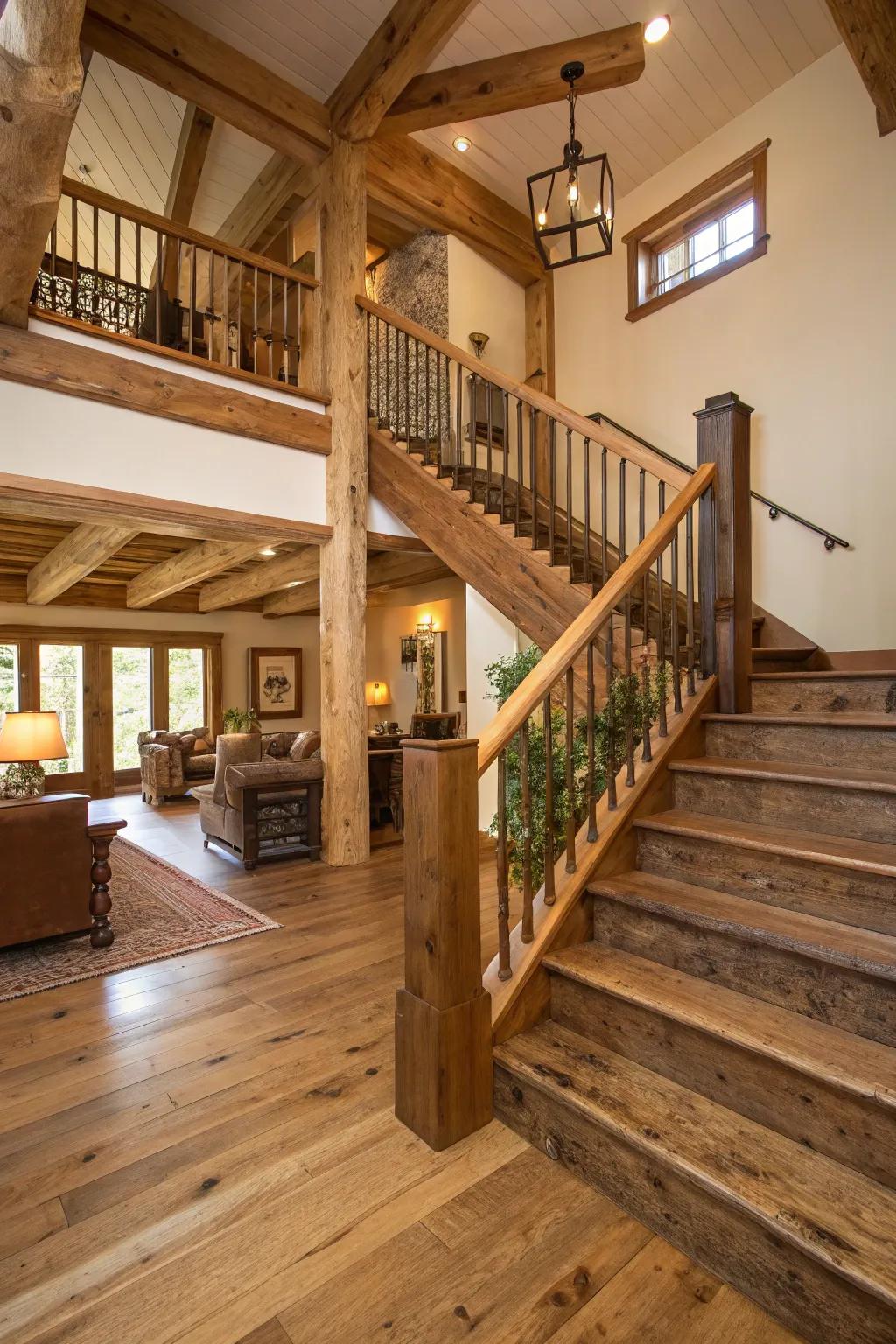 Exposed lintels integrated into a staircase for a cohesive rustic theme.