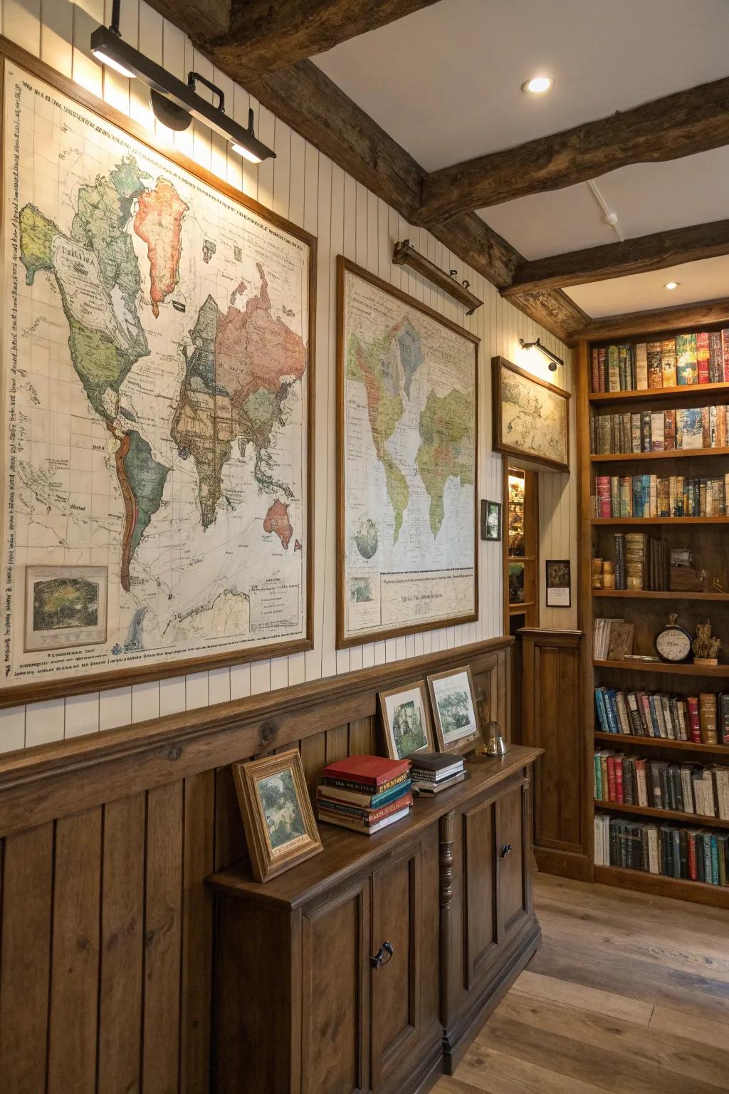 Timeless map art enhances the area with historical charm to a countryside study.