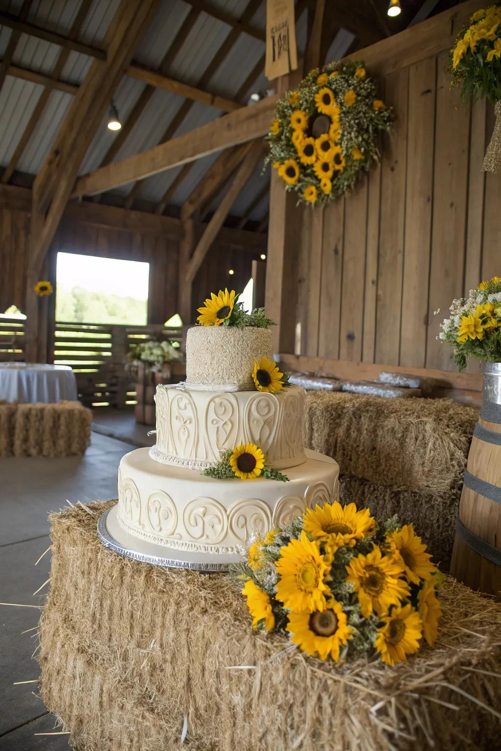 Straw base adds a quirky touch to a rustic cake stand.
