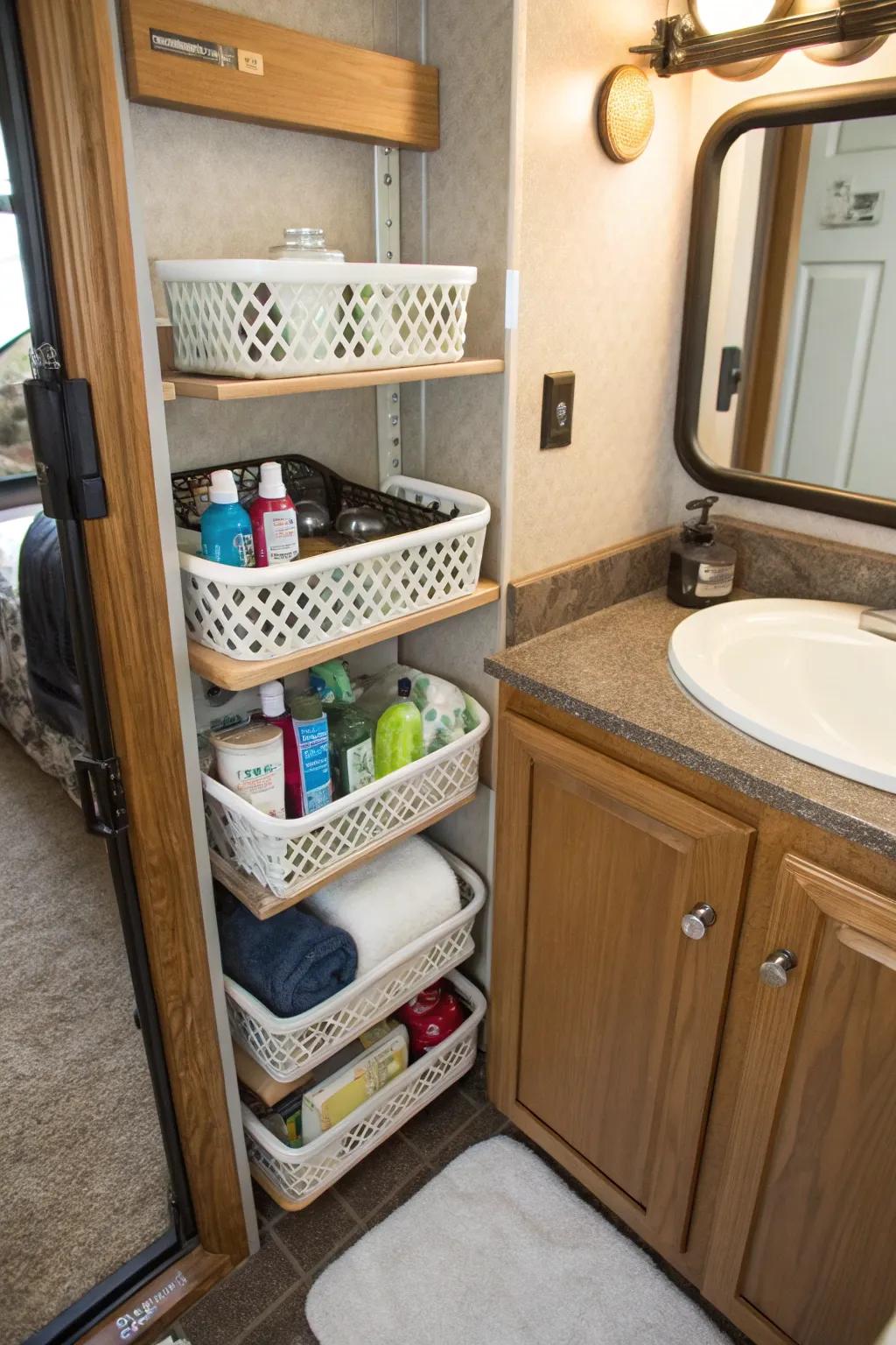 Dual your storage space with under-shelf baskets.