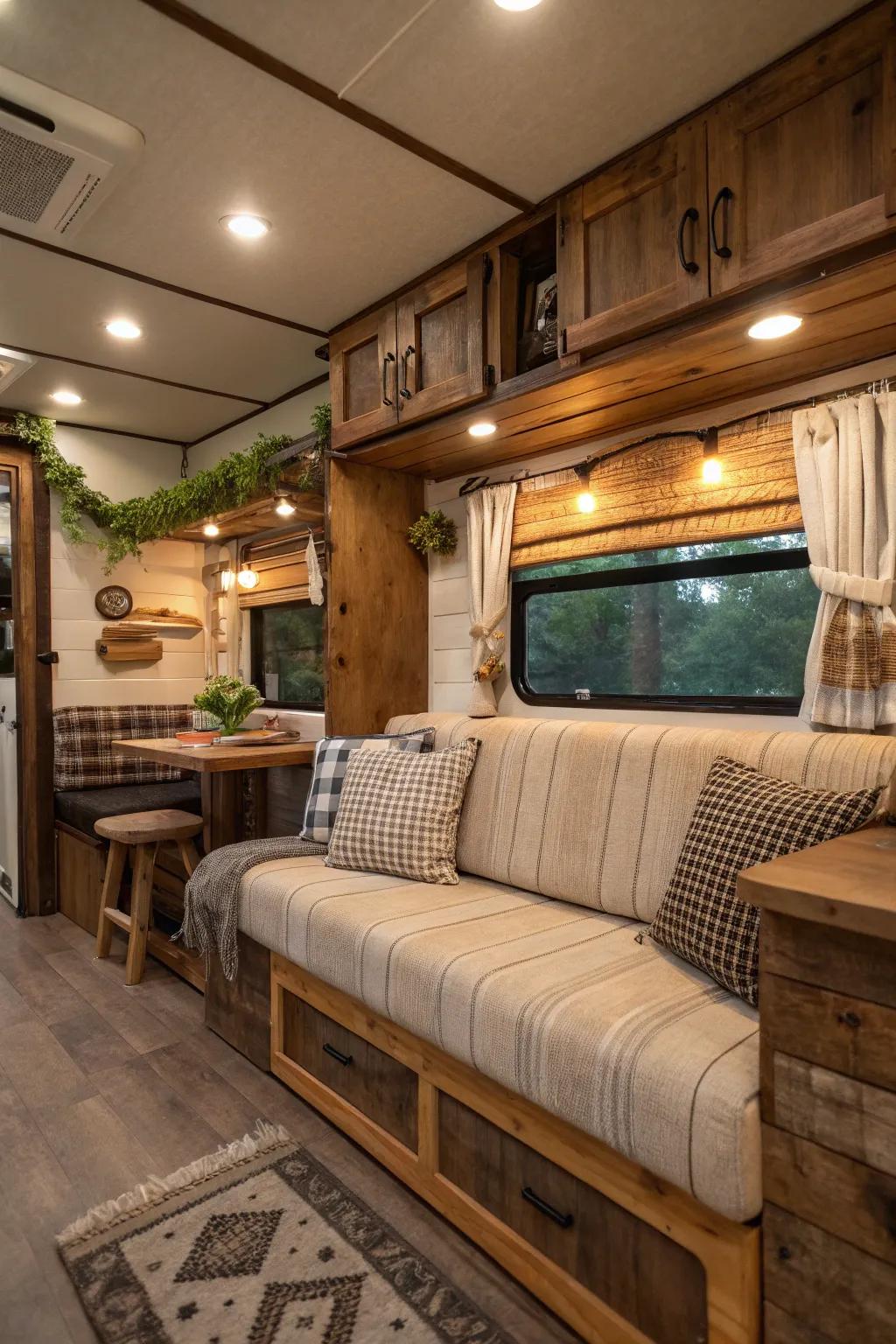 Rustic themes give RV interiors a warm and personal touch.