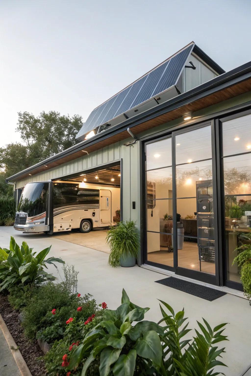 Environmentally sound features like solar panels integrated into an RV garage design.