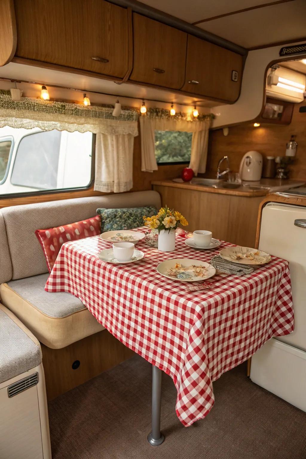 A vintage table design evokes a sense of nostalgia and charm in your RV.